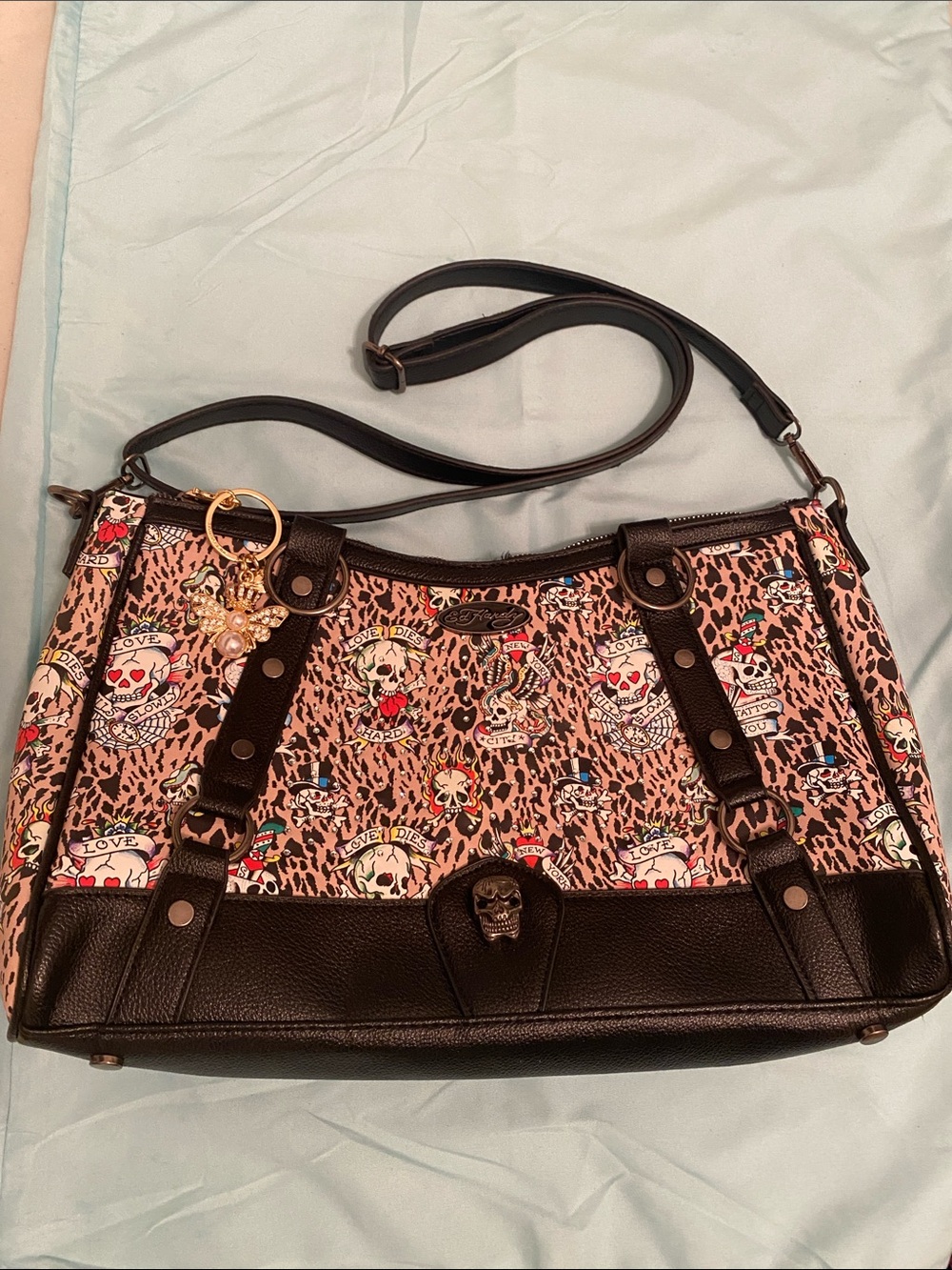 Edgy Ed Hardy Leopard Skull Shoulder Bag in Tan and Black